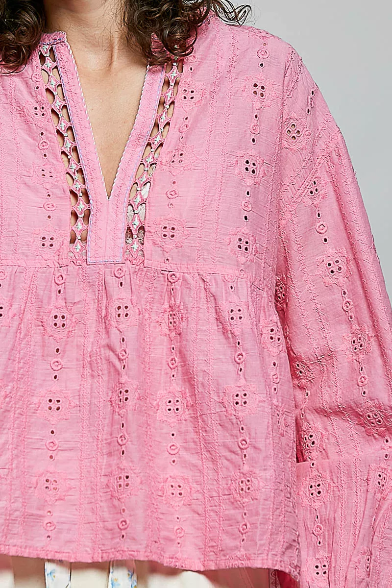 POL Eyelet Lace Split Neck Gathered Empire Waist Cotton Blouse, image 6