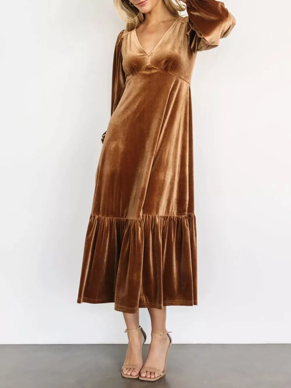 Velvet Tiered Long Sleeve Midi Dress, image 6
