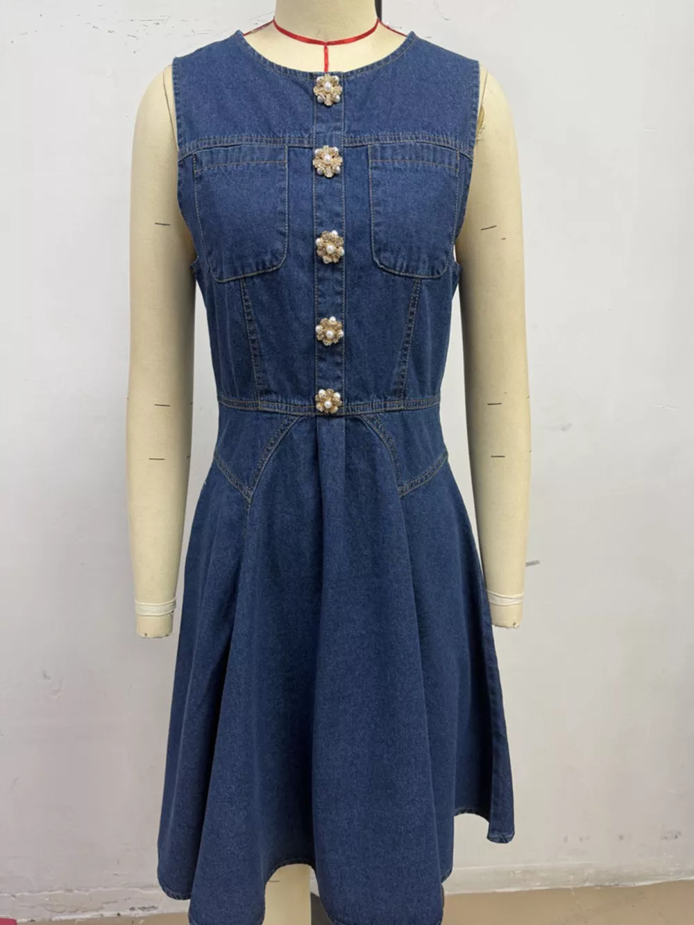 Button Decor Sleeveless Denim Dress, image 5