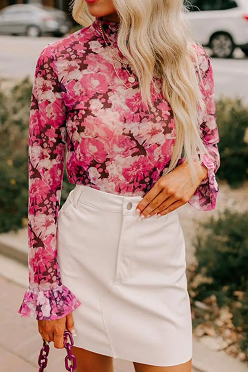 Floral Turtleneck Flounce Sleeve Blouse, image 2