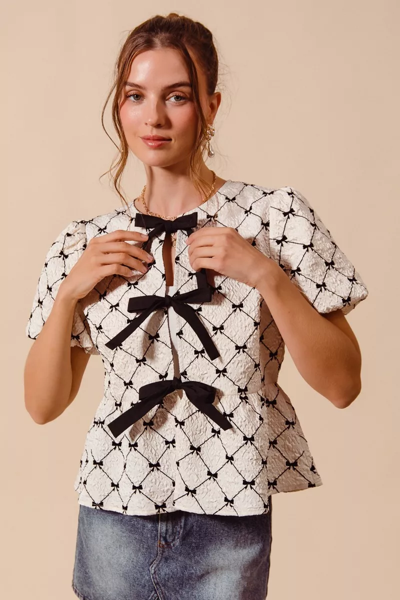 Bow Texture Woven Peplum Top With Contrast Tie, image 2