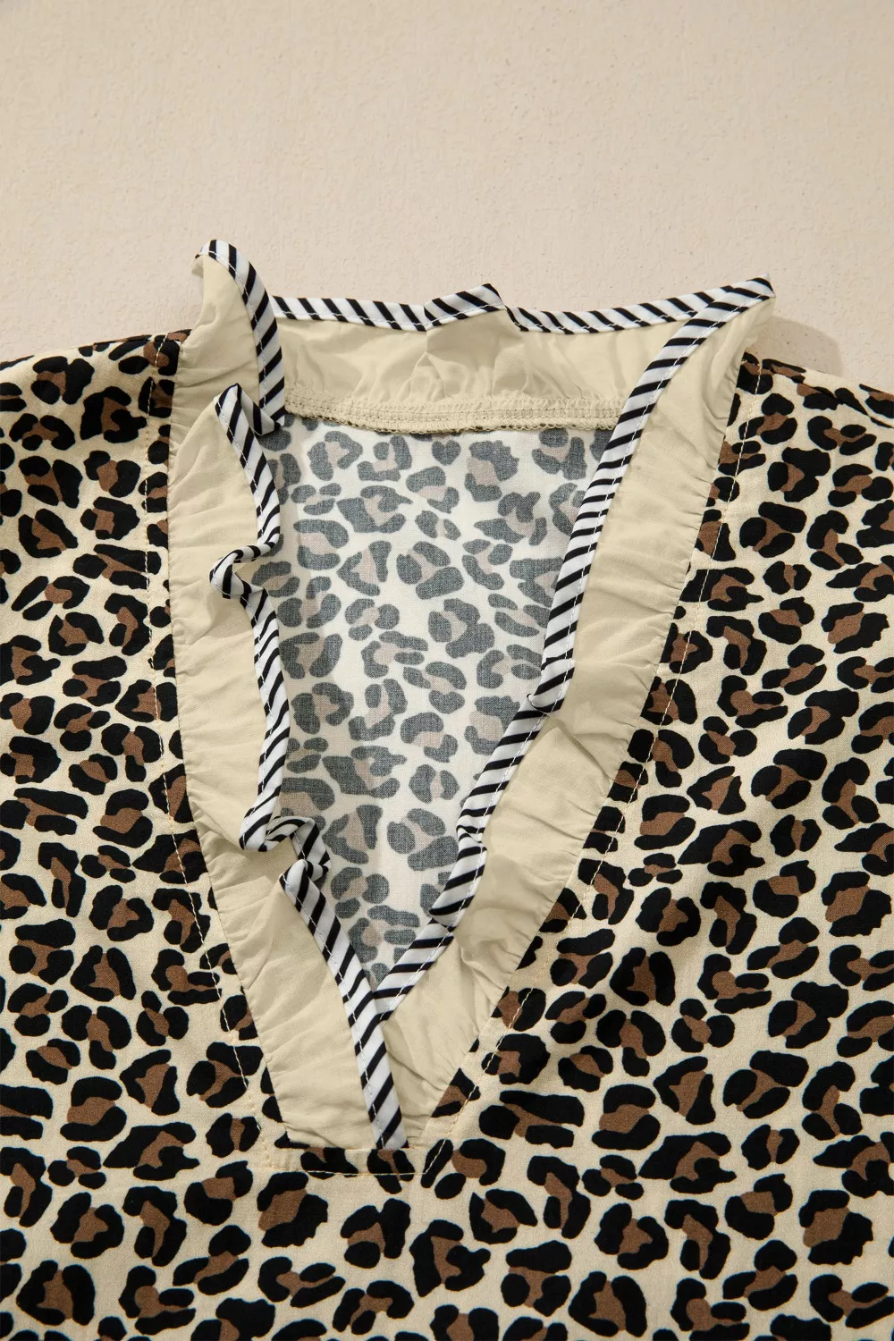 Leopard Print Striped Color Block Trim V Neck Bracelet Sleeve Mini Dress, image 10