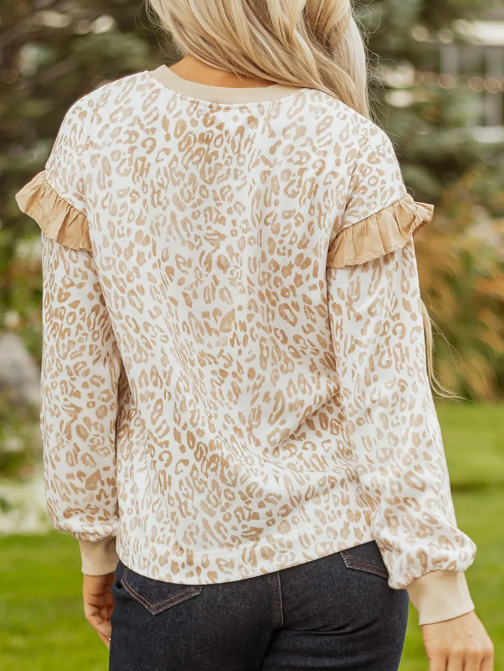 Leopard Ruffle Detail Ribbed Trim Round Neck Sweatshirt, image 4