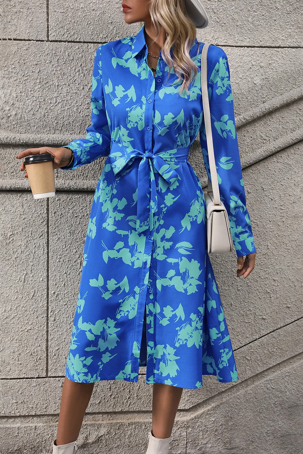 Printed Button Up Tie Waist Dress, image 6