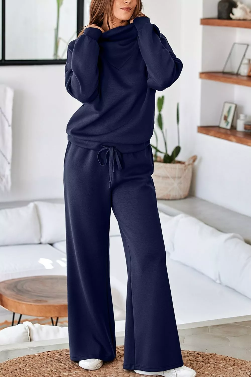 Solid Color Cowl Neck Drawstring Pullover Wide Leg Athleisure Pants Set, image 2