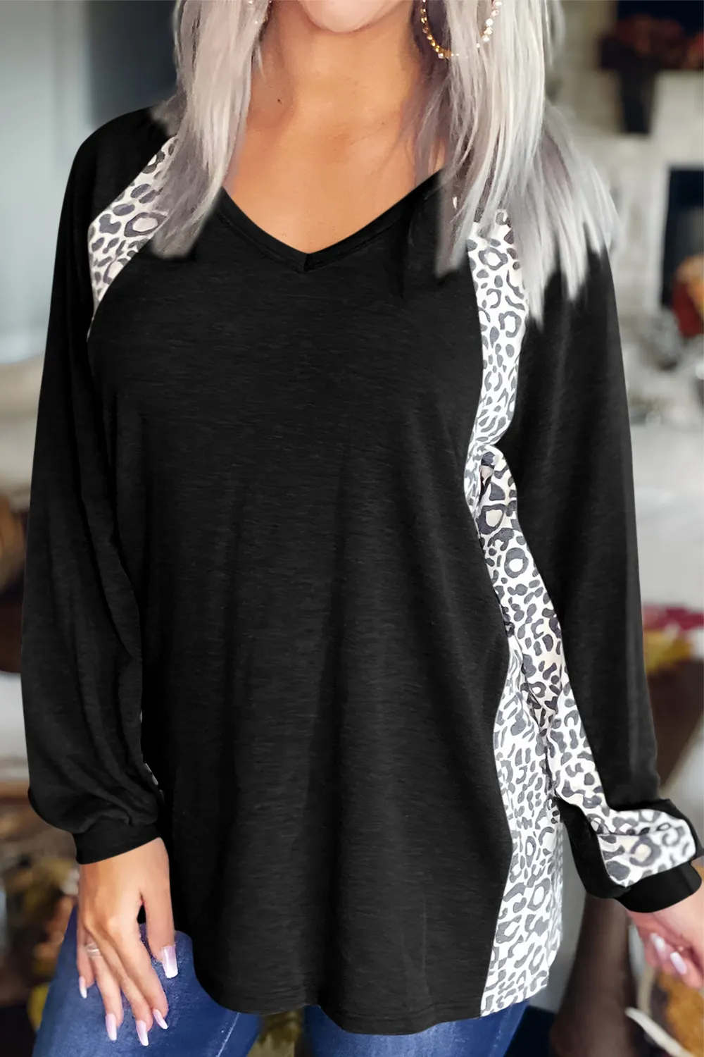 Full Size Leopard V-Neck Long Sleeve T-Shirt, image 2