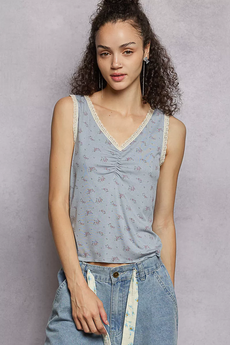 Ruched Floral V-Neck Tank with Lace Detail, image 5