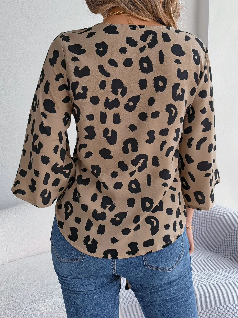 Tied Button Up Leopard V-Neck Blouse, image 8