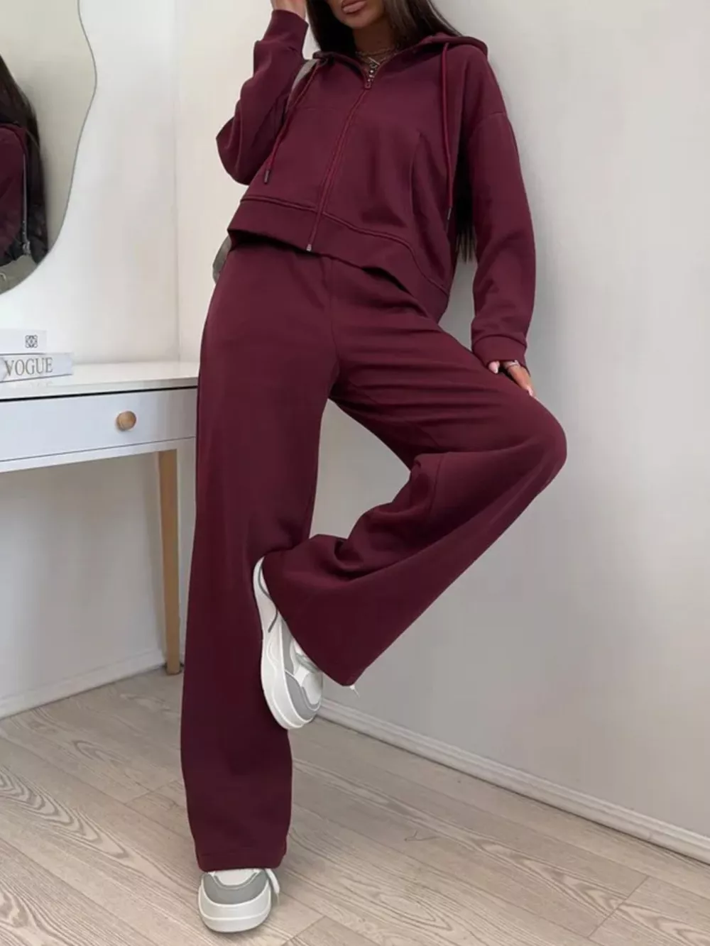 Zip-Up Hoodie and Wide-Leg Pants Set, image 9