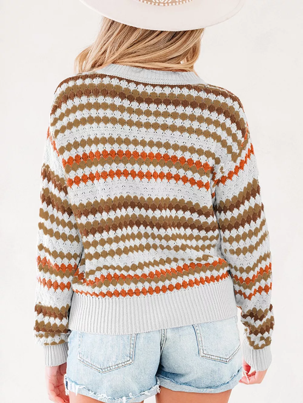 Stripe Eyelet Patterned Drop Shoulder Sweater, image 3