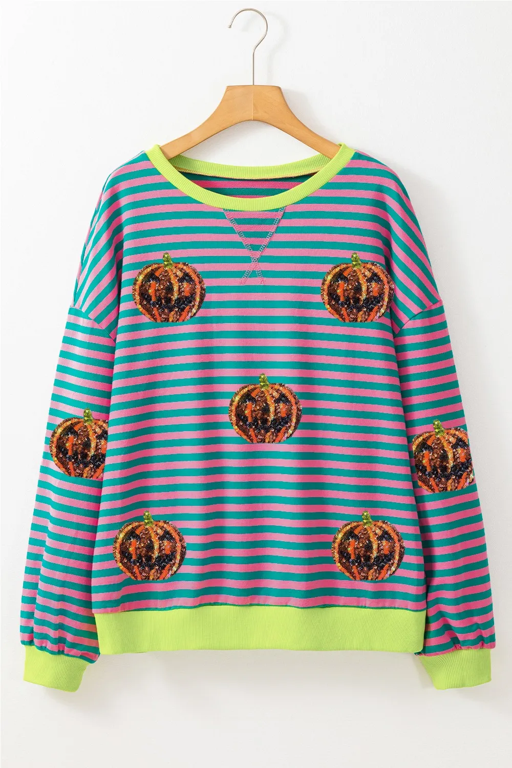 Pumpkin Striped Round Neck Long Sleeve Sweatshirt, image 6