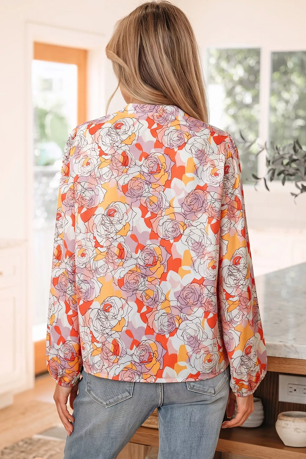 Floral Print V Neck Long Sleeve Shift Blouse, image 3