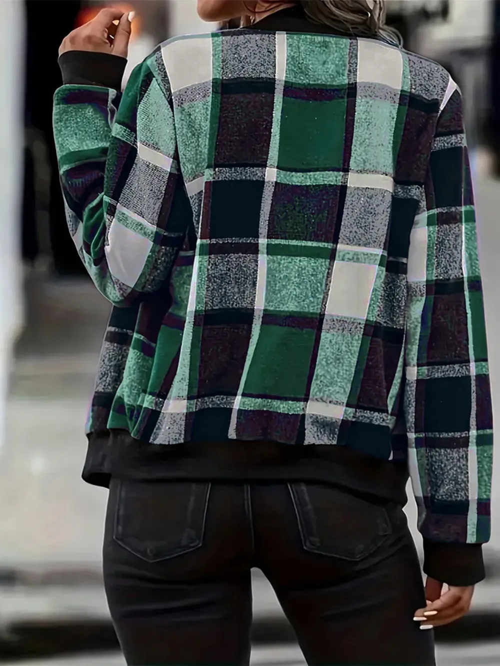 Plus Size Plaid Baseball Collar Zip Up Jacket, image 5