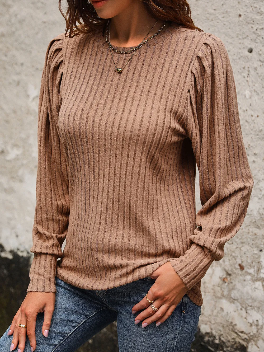 Ribbed Round Neck Long Sleeve T-Shirt, image 4