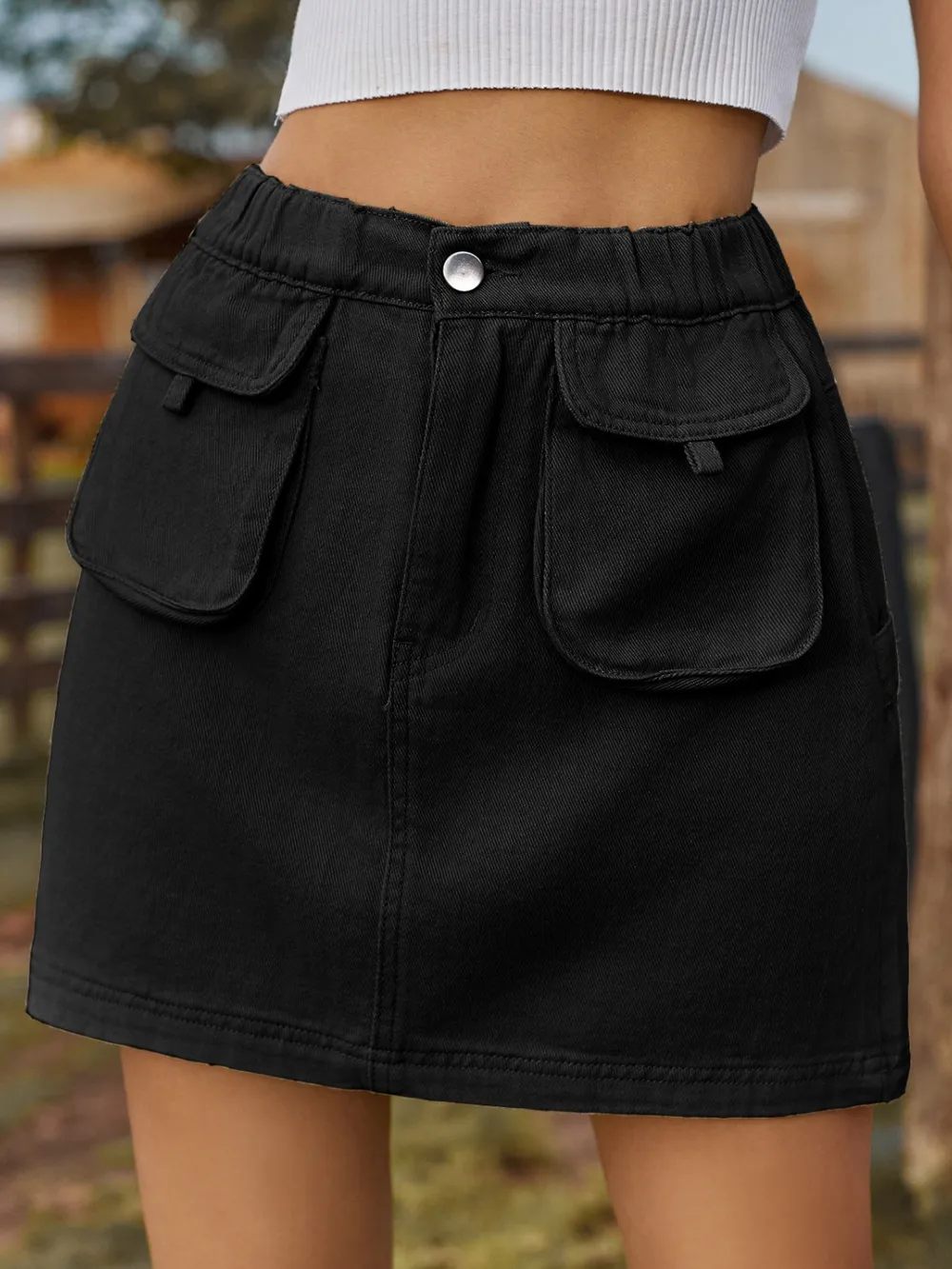 Pocketed Elastic Waist Denim Skirt, image 6