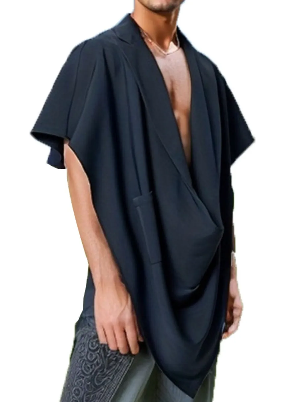 Men's Full Size Pocket Patched Draped Asymmetrical Hem Cape Plus Size, image 4
