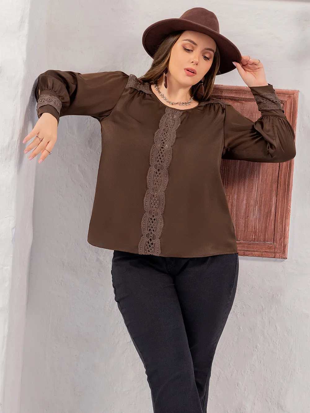 Plus Size Lace Detail Round Neck Long Sleeve Blouse, image 3