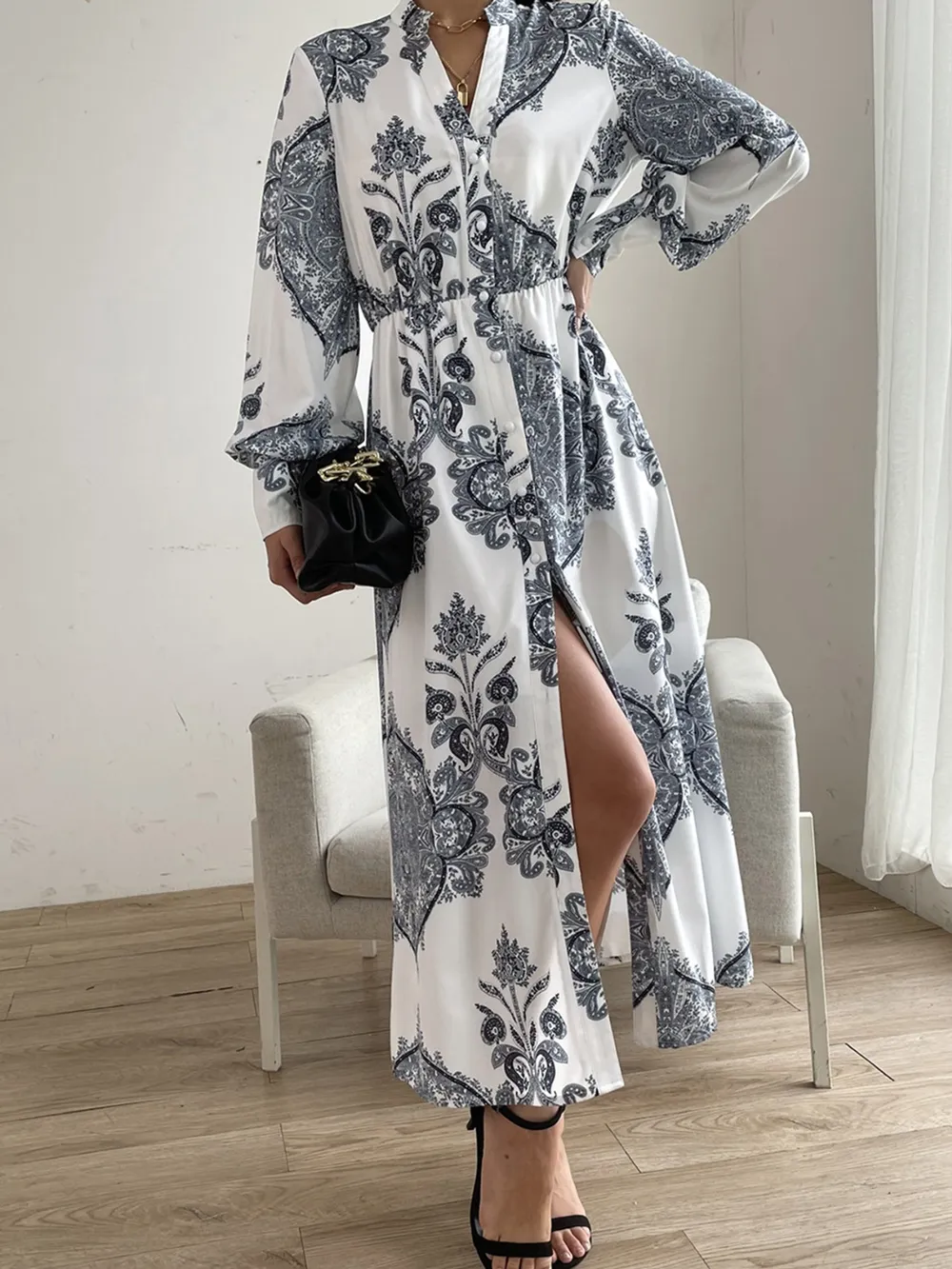 Printed Notched Lantern Sleeve Midi Dress, image 3