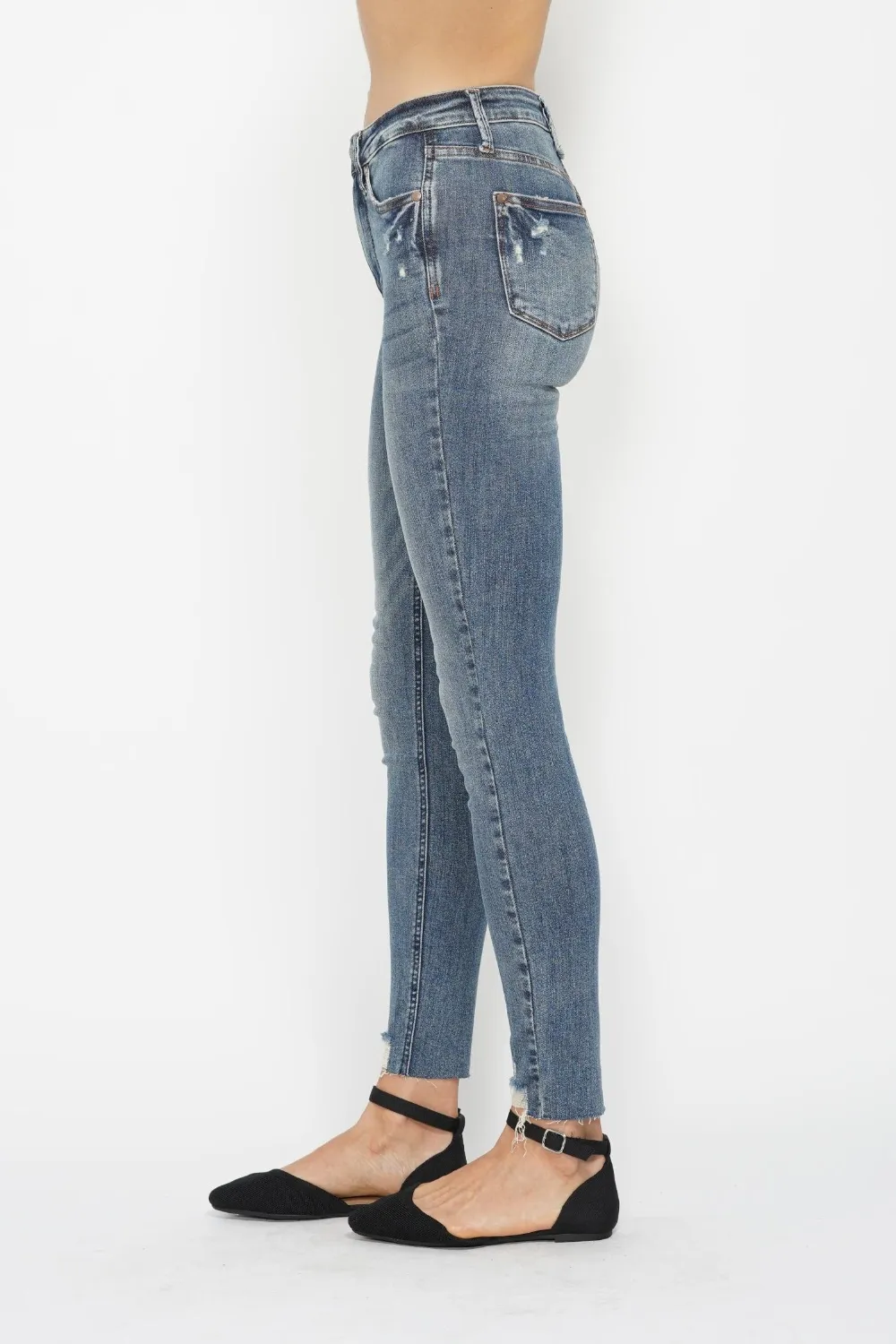 Full Size Tummy Control Vintage Wash Hem Destroy Skinny Jeans, image 3
