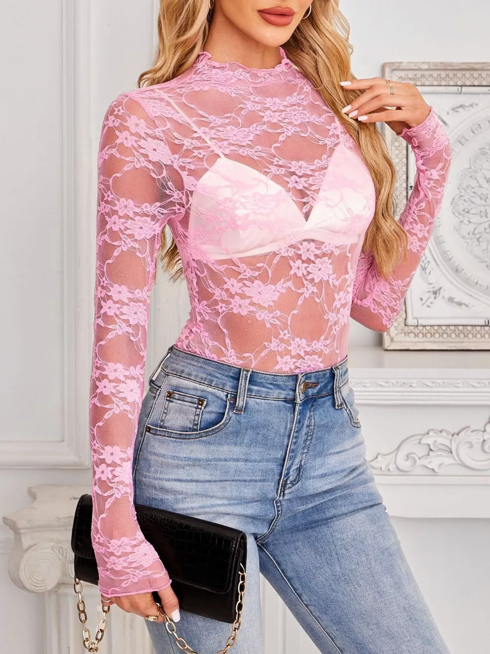 Sheer Floral Lace Long Sleeve Top, image 18