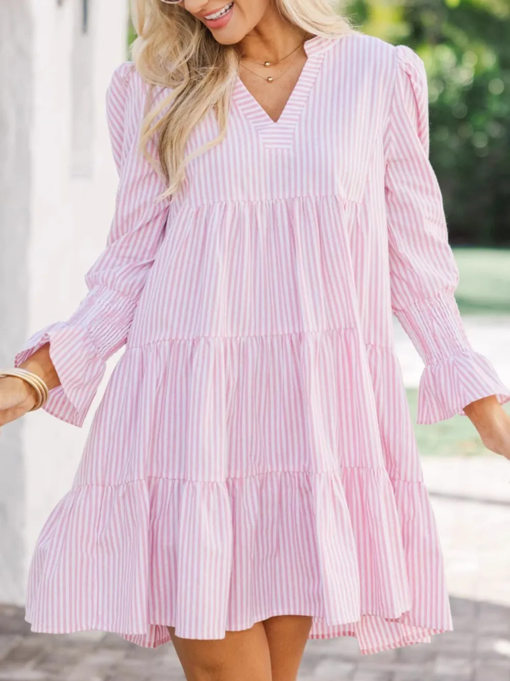 Striped Tiered Flounce Sleeve Shirt Dress, image 6