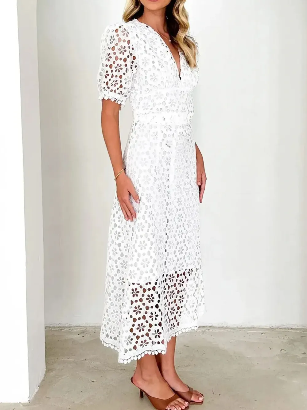 Eyelet Lace V-Neck Midi Dress with Puff Sleeves, image 5