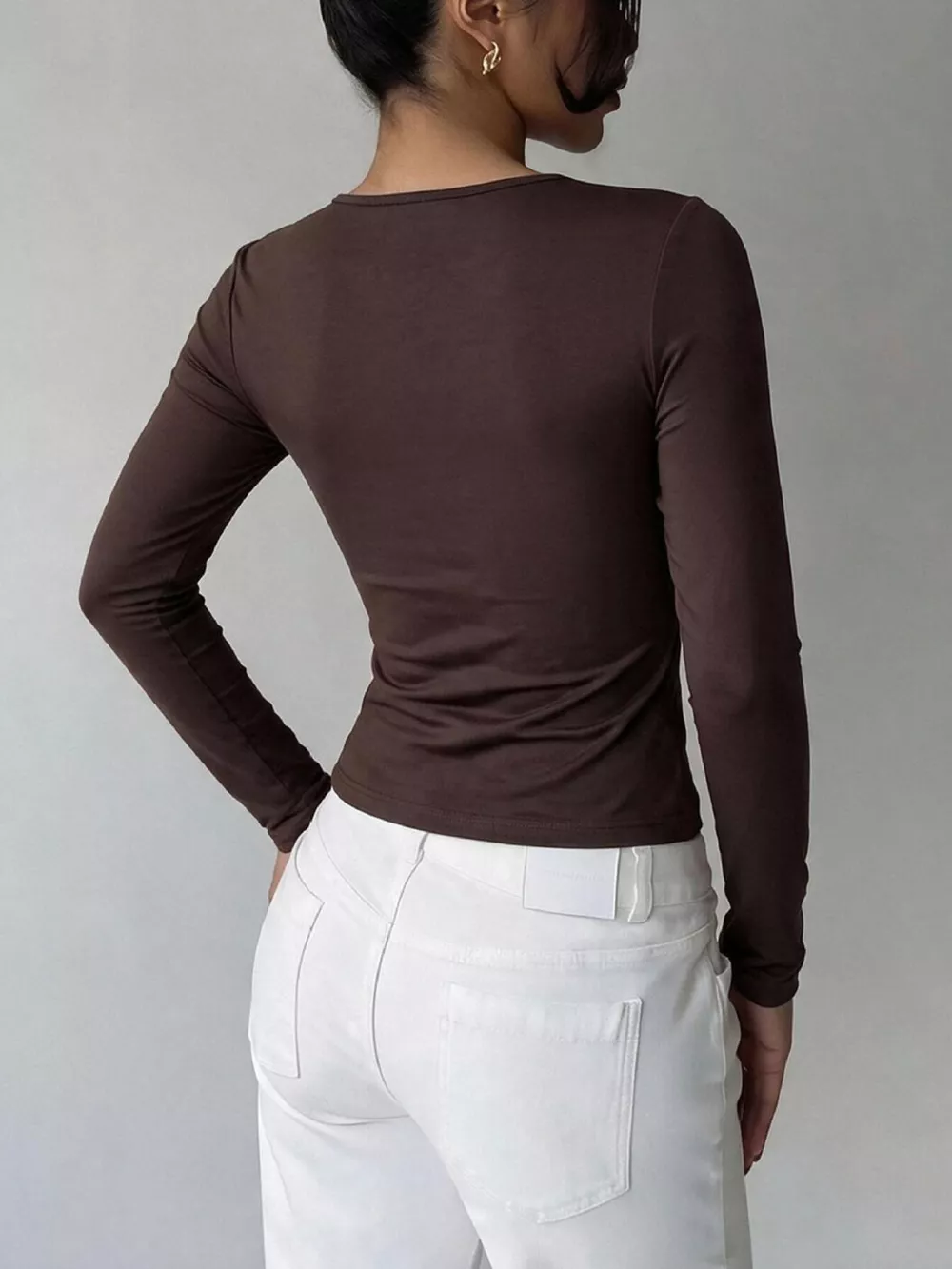 Elegant Lace-Trimmed Twist-Front Long Sleeve T-Shirt, image 5