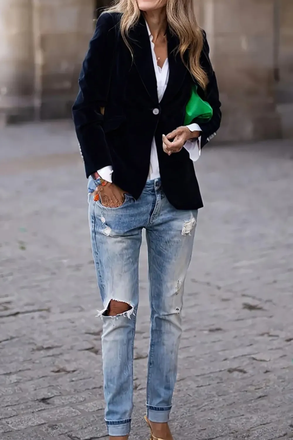 One Button Lapel Collar Long Sleeve Blazer, image 2