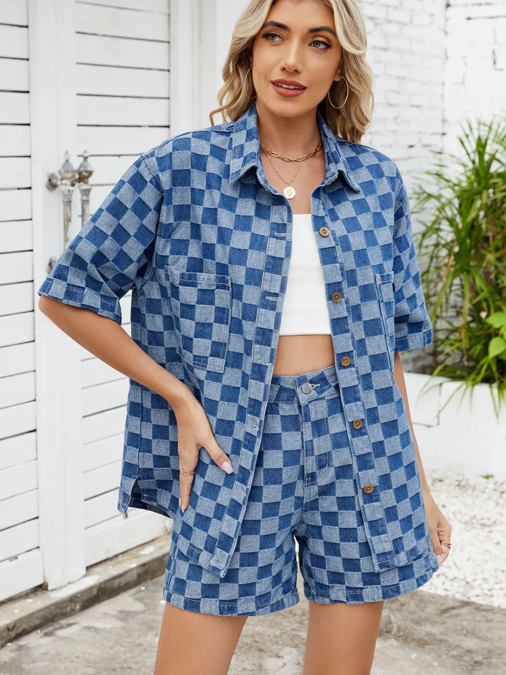 Checkered Shirt and Shorts Denim Set, image 2
