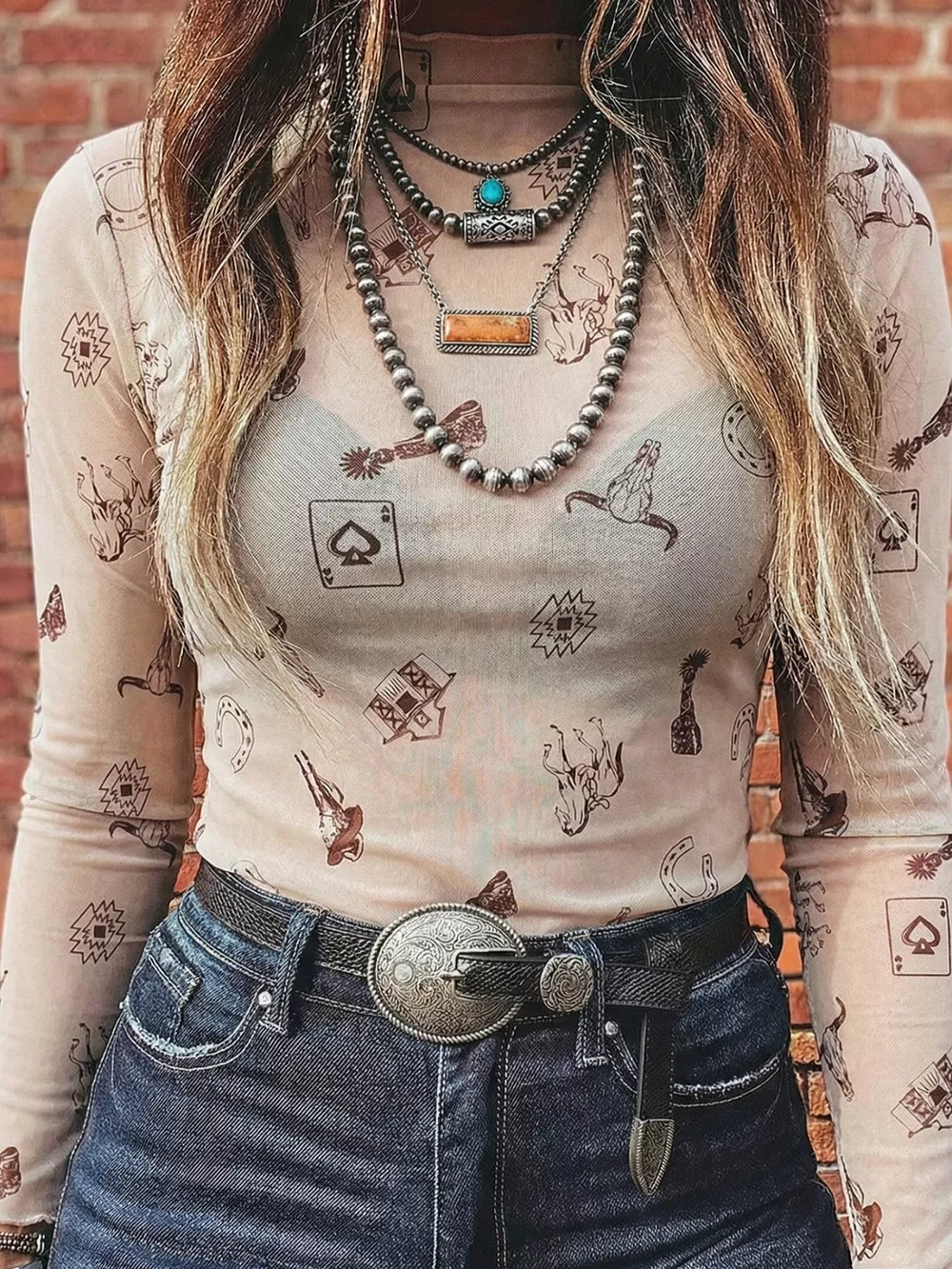 Western Print Slim Fit Mesh Long Sleeve Mock Neck Top