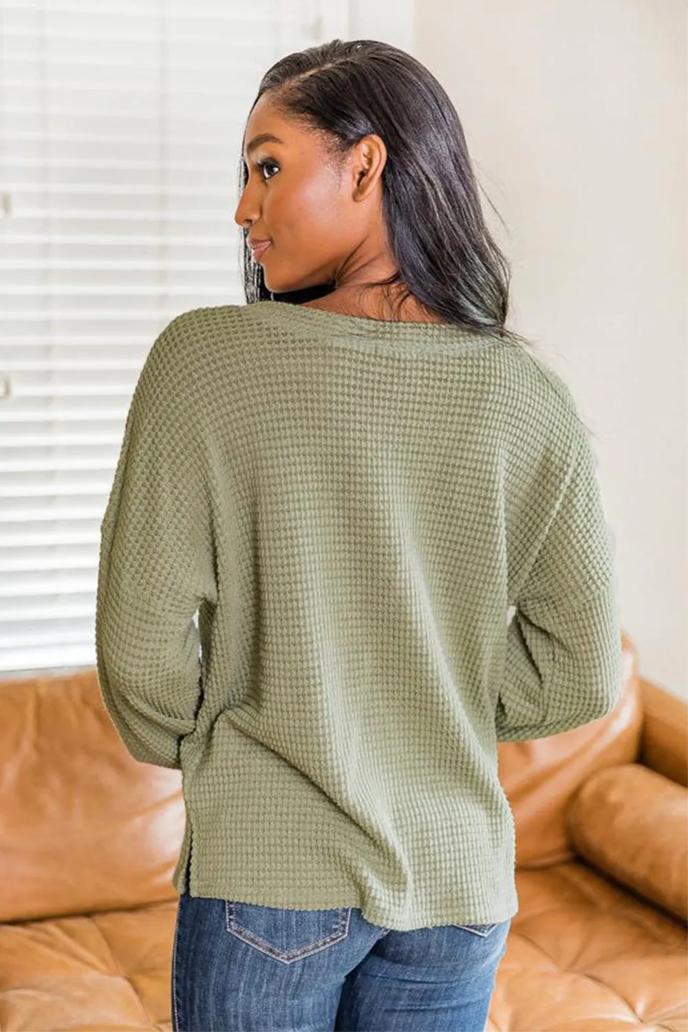 Slit Waffle Knit Long Sleeve T-Shirt, image 4