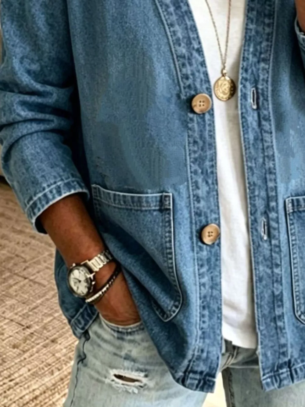 V-Neck Button-Down Denim Jacket, image 11