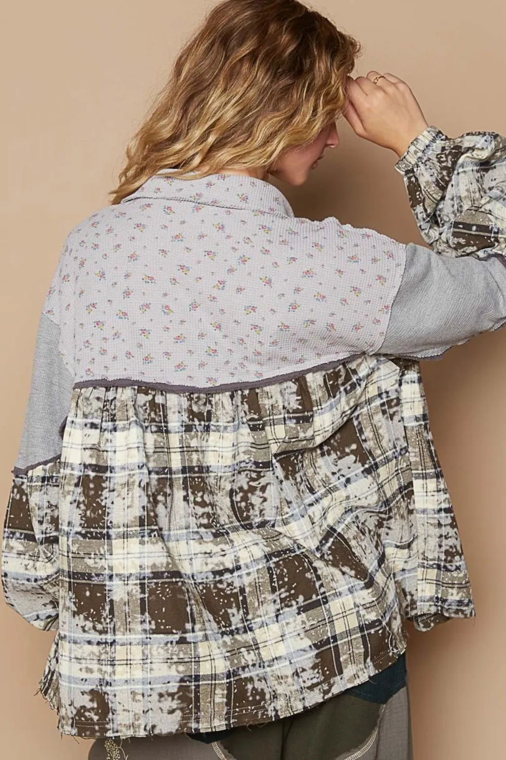Balloon Sleeve Floral Color Block Plaid Shirt, image 2