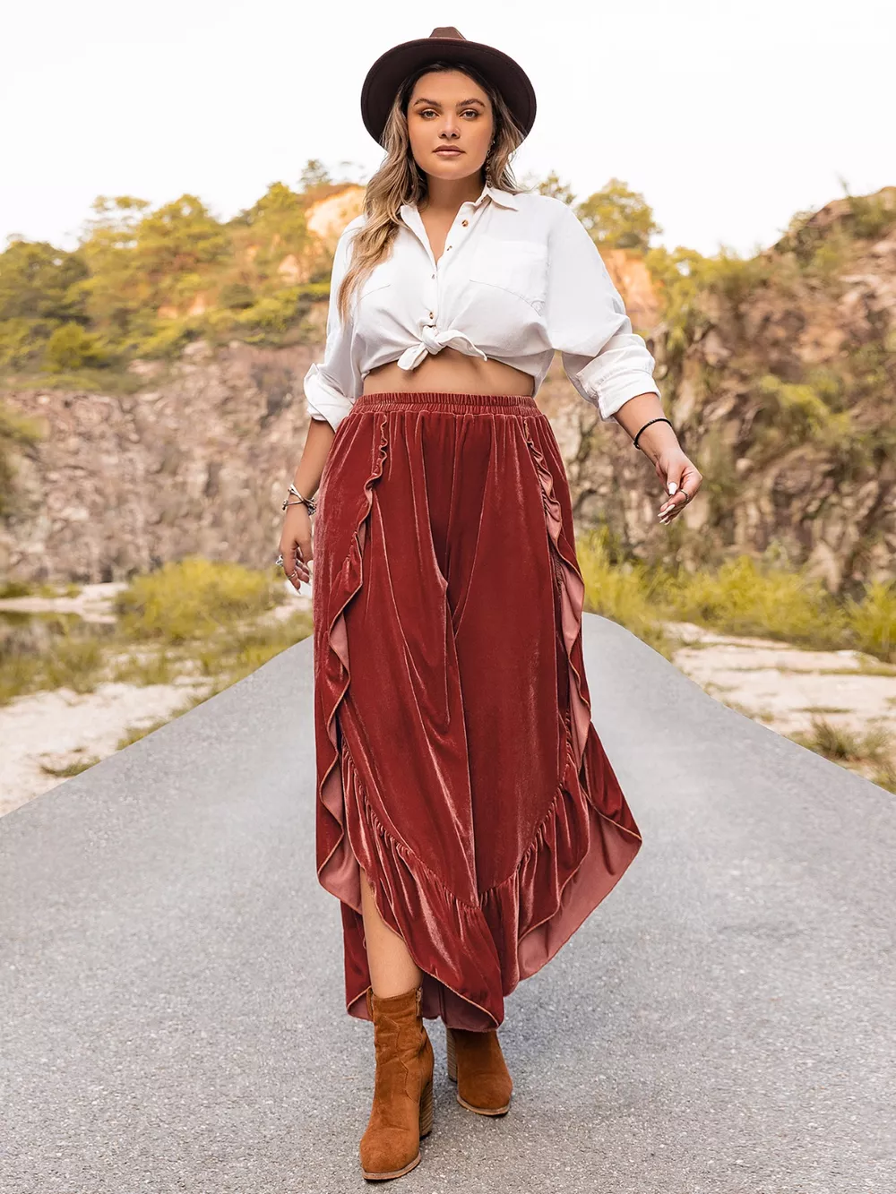 Plus Size Velvet Ruffle Hem Wide Leg Pants, image 2