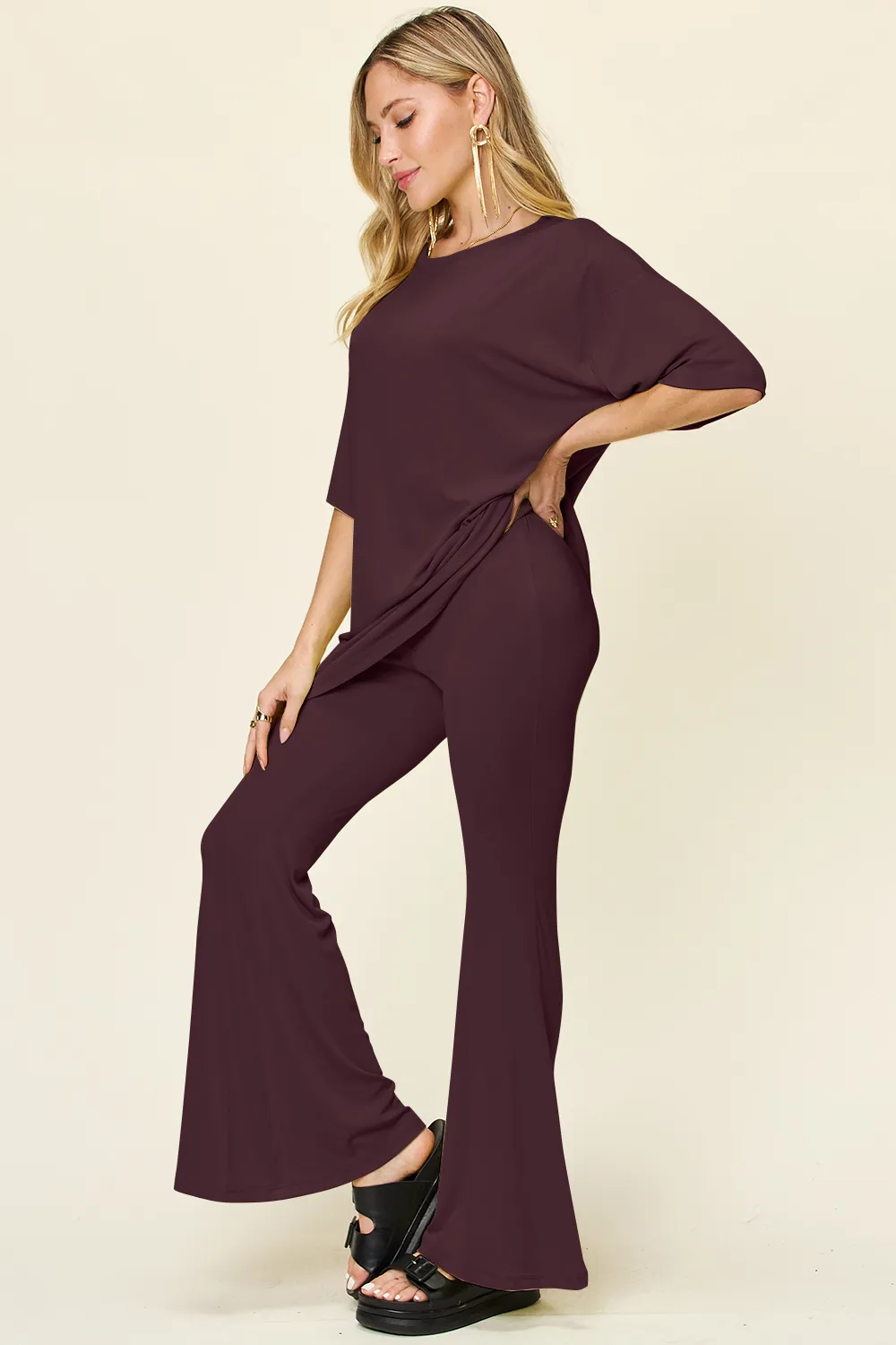 Full Size Round Neck Drop Shoulder T-Shirt and Flare Pants Set, image 6