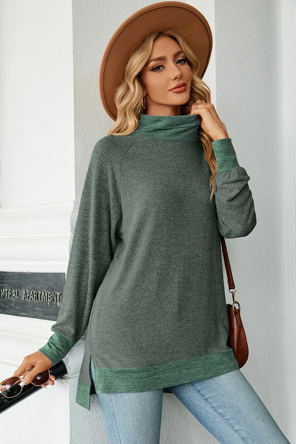 Slit Mock Neck Long Sleeve T-Shirt, image 14