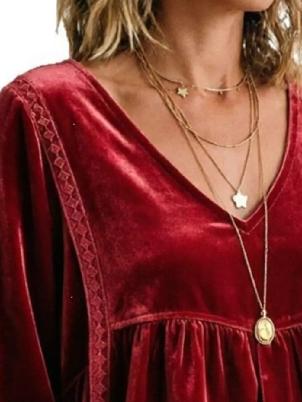 Full Size V-Neck Long Sleeve Velvet Blouse with Lace Trim Plus Size, image 23
