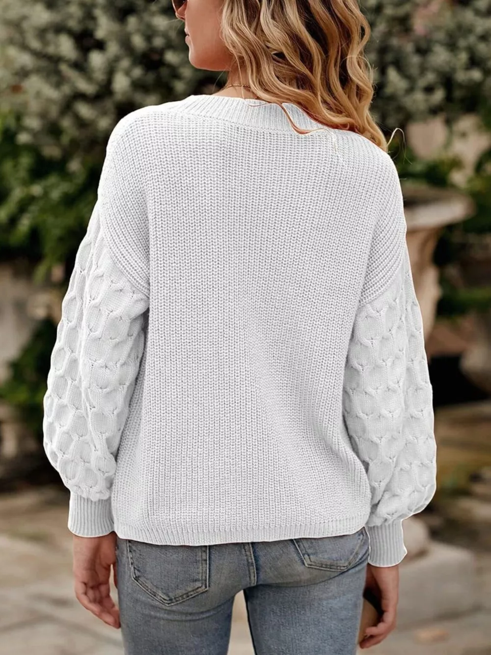Textured Sleeve Round Neck Sweater, image 6