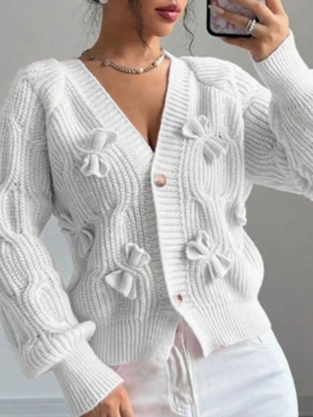 Bow Cable Knit V-Neck Cardigan, image 15