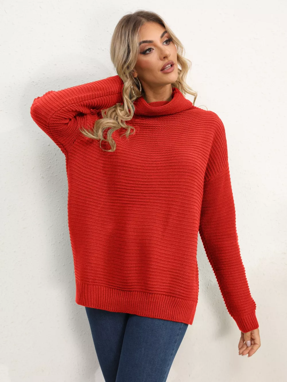Slit Turtleneck Dropped Shoulder Sweater, image 12