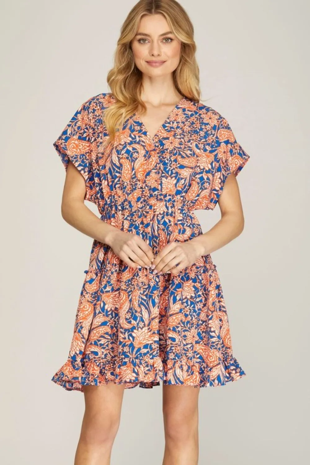 Full Size Ruffled Hem Printed Surplice Kimono Sleeve Mini Dress Plus Size