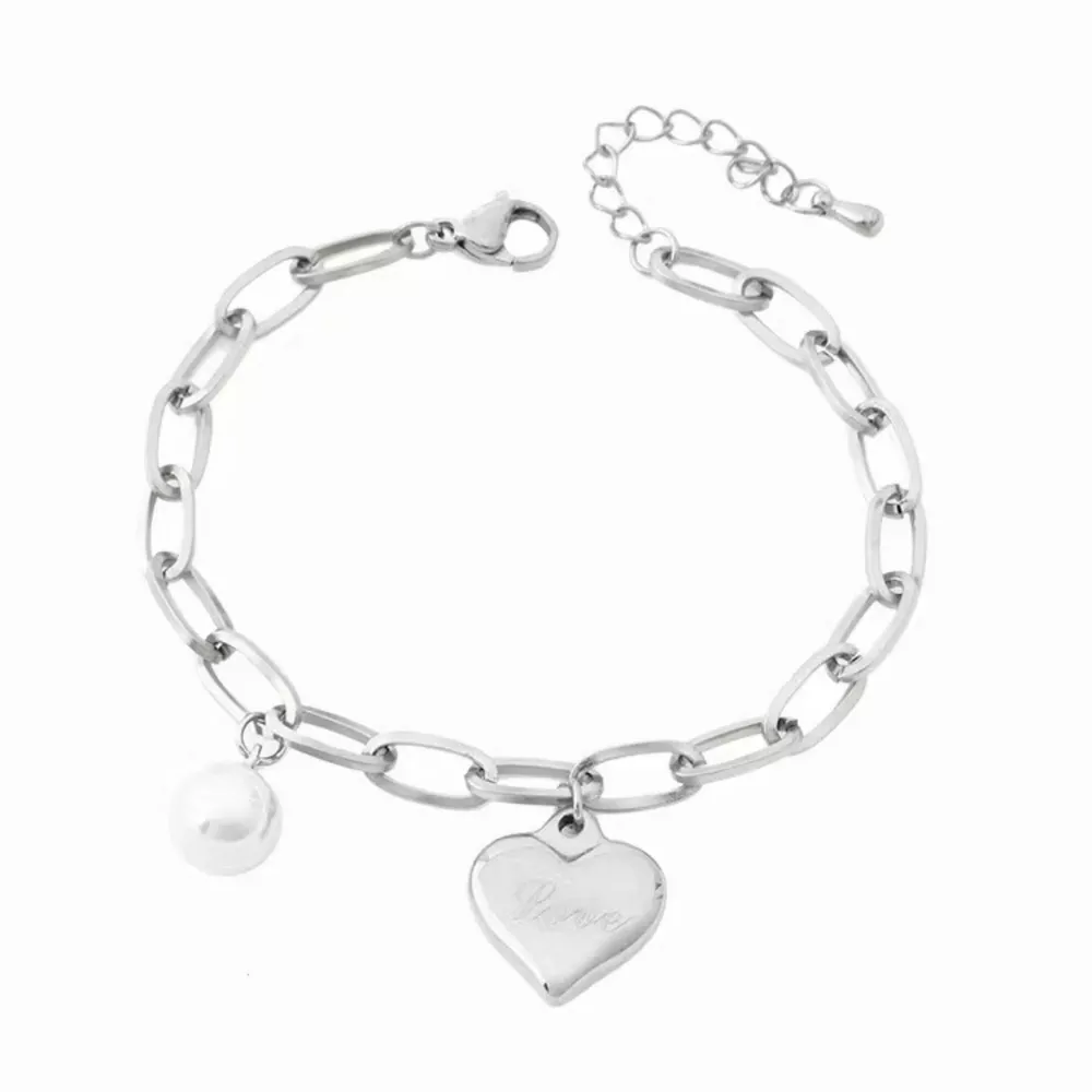 Heart Charm Pearl Accent Chain Bracelet