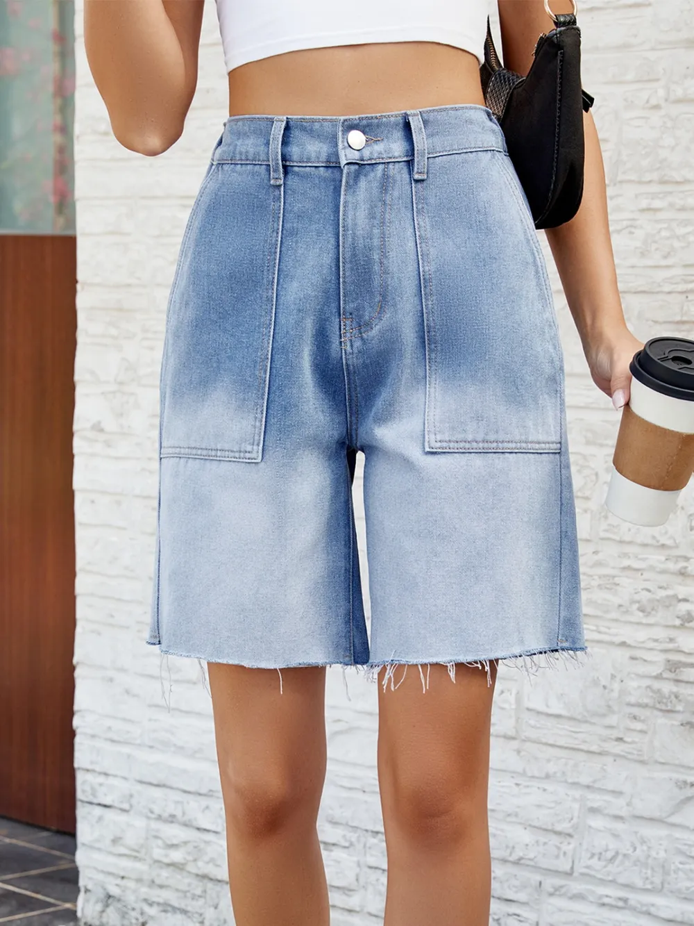 Buttoned Raw Hem Denim Shorts with Pockets, image 2