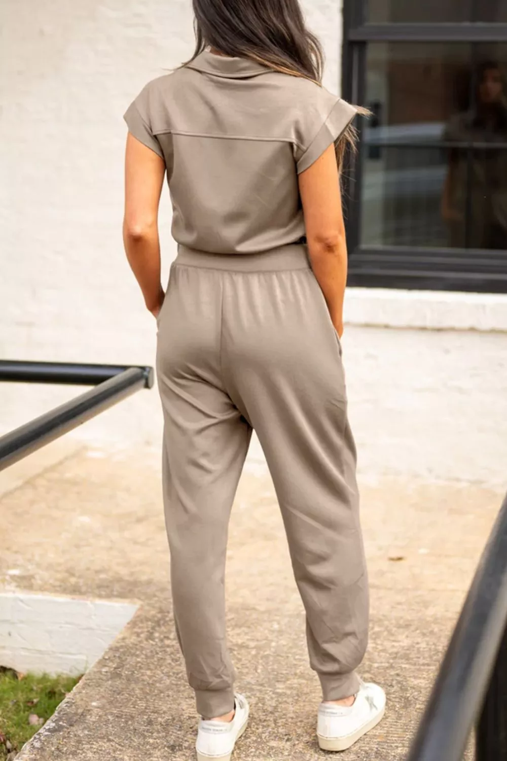 Solid Color Zip Front Short Sleeve Collared Jumpsuit, image 2
