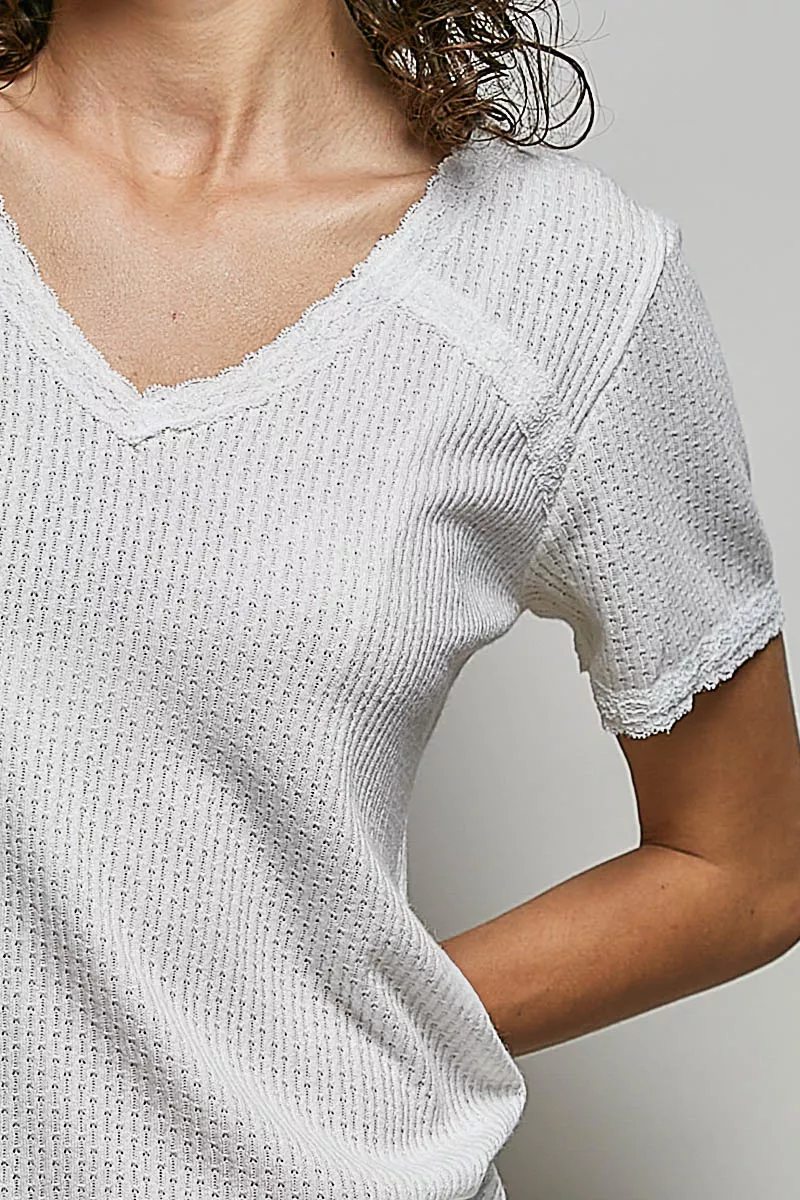 Lace Detail V-Neck Short Sleeve Textured T-Shirt, image 3