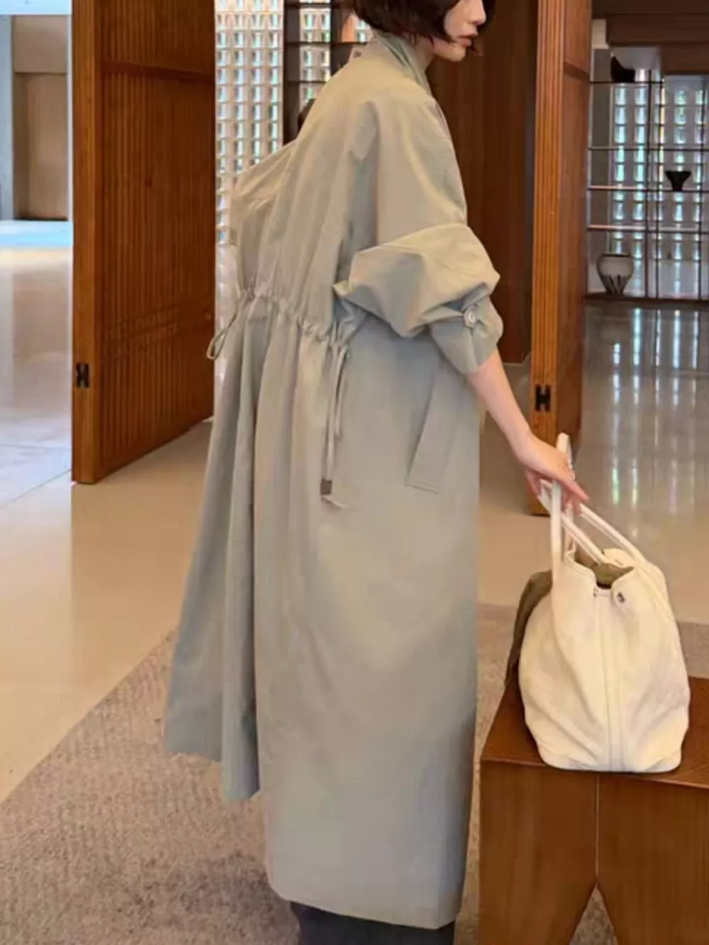 Drawstring Open Front Longline Trench Coat, image 3