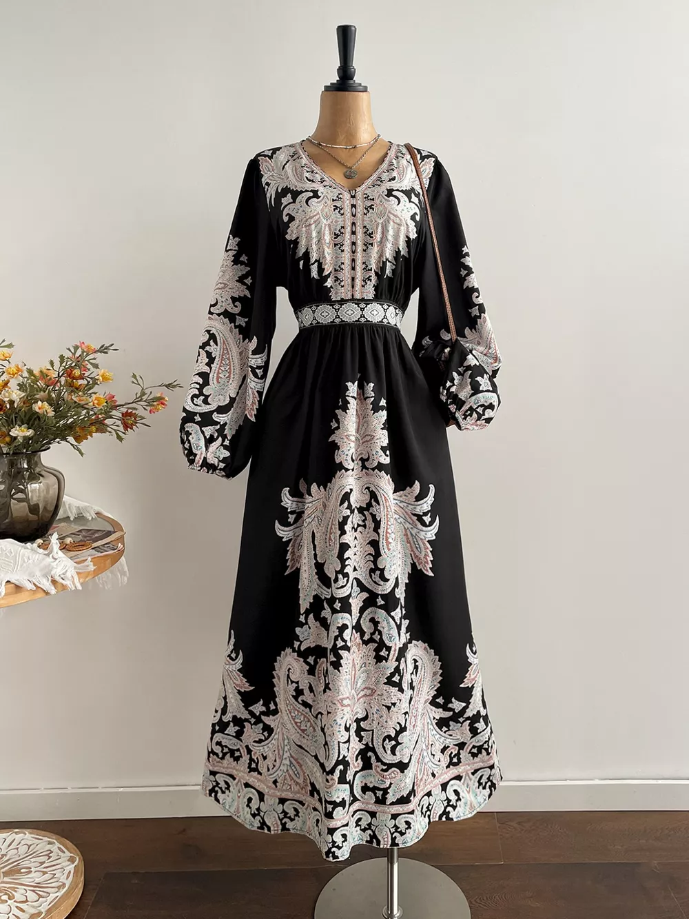 Plus Size Printed V-Neck Balloon Sleeve Dress