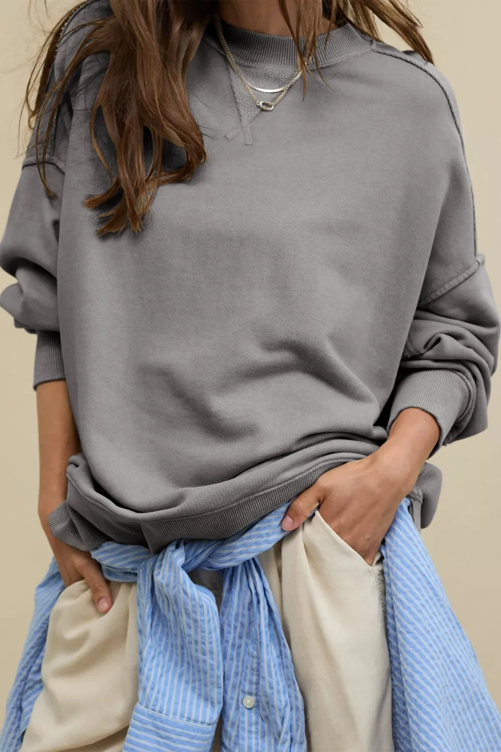 Side Slit Round Neck Long Sleeve Sweatshirt, image 16