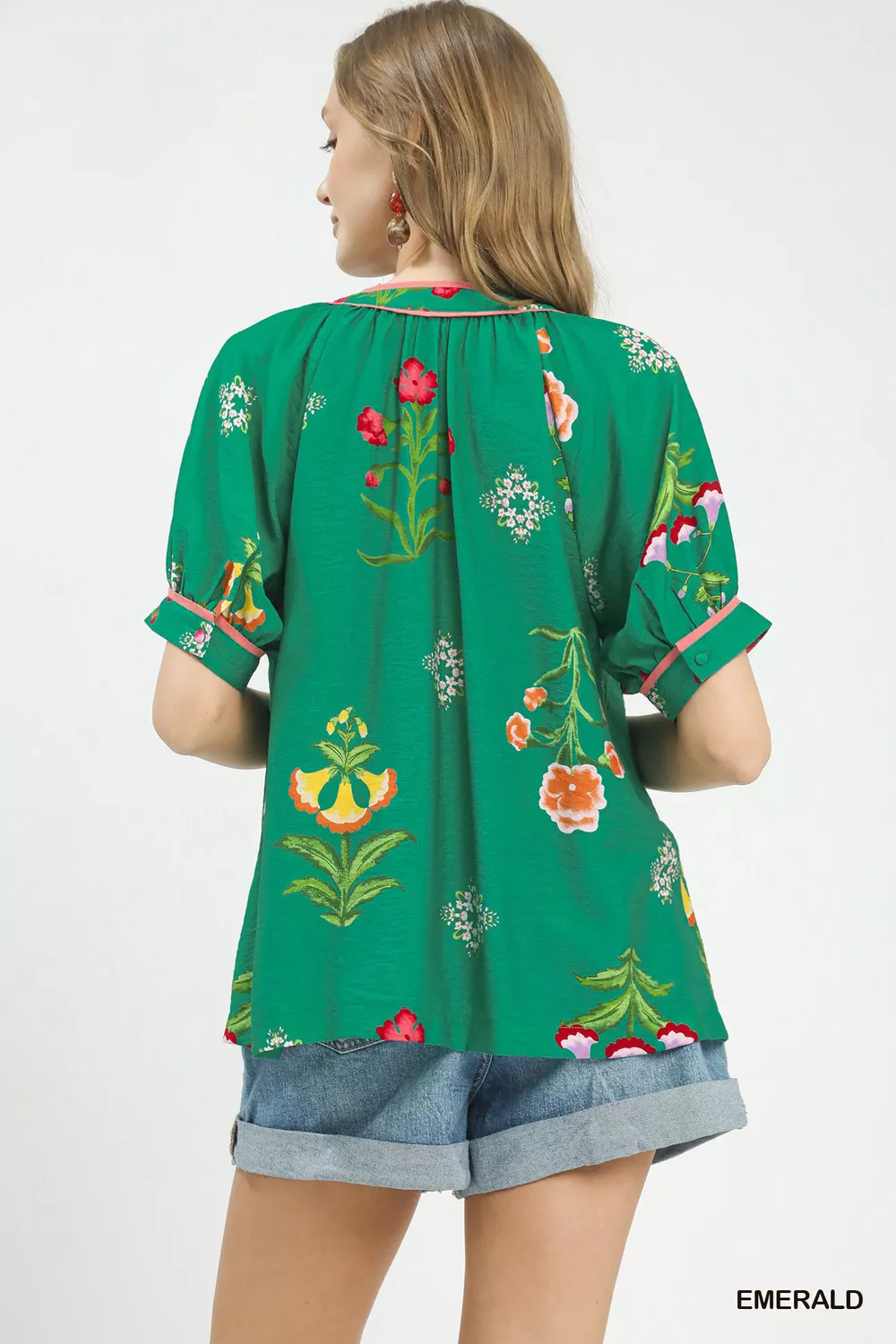 Botanical Print Contrast Trim Button Blouse, image 3