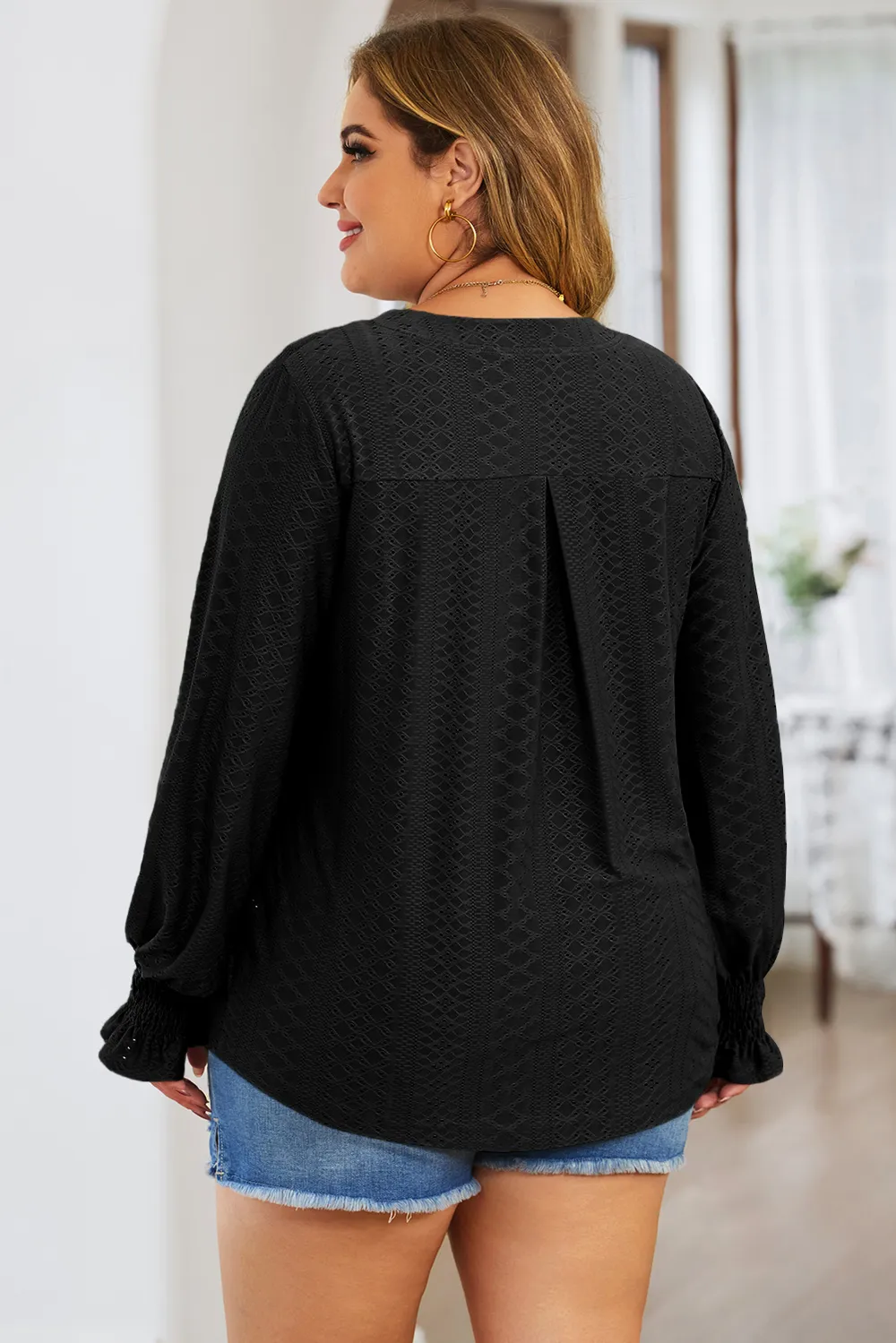 Plus Size Eyelet Notched Flounce Sleeve Blouse, image 3